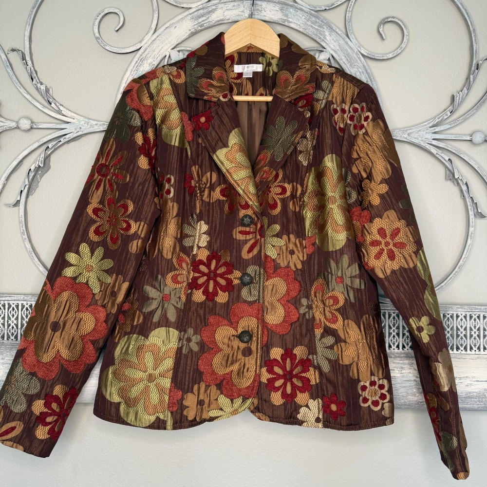 Erin by Erin London Brown Floral Jacquard Tapestry Blazer Jacket Womens Large